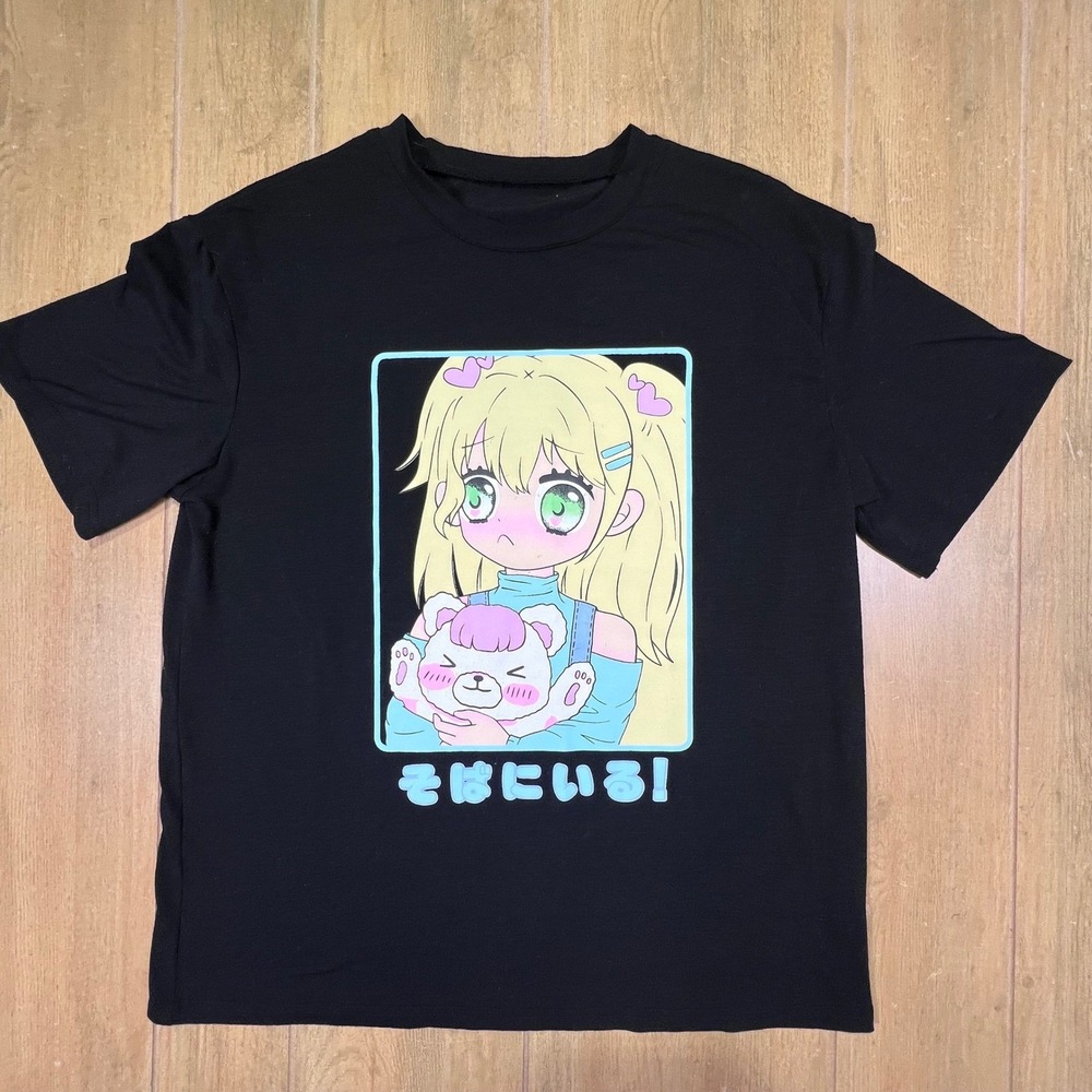 Romwe‎ Mens Small Black Anime Graphic Tee Japanese Kawaii Bear T-Shirt S